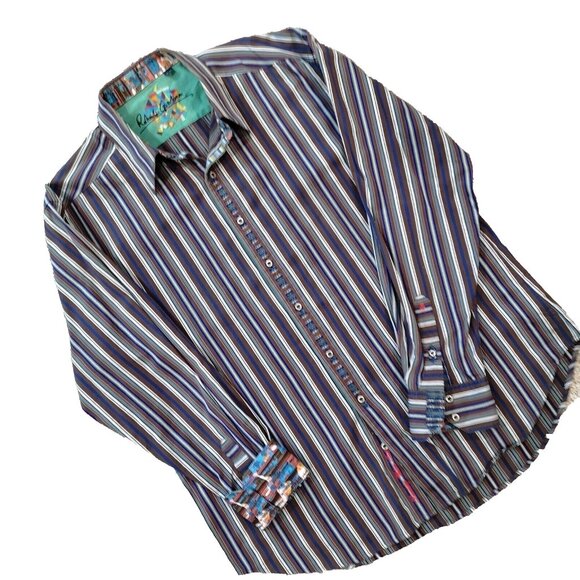 Robert Graham Button down Shirt XL Flip Cuff Aztec Brown Blue Stripe - Picture 2 of 13